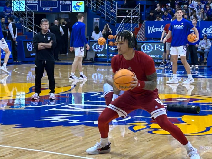 Indiana freshman guard Jalen Hood-Schifino going through pregame warmups at Allen Fieldhouse.